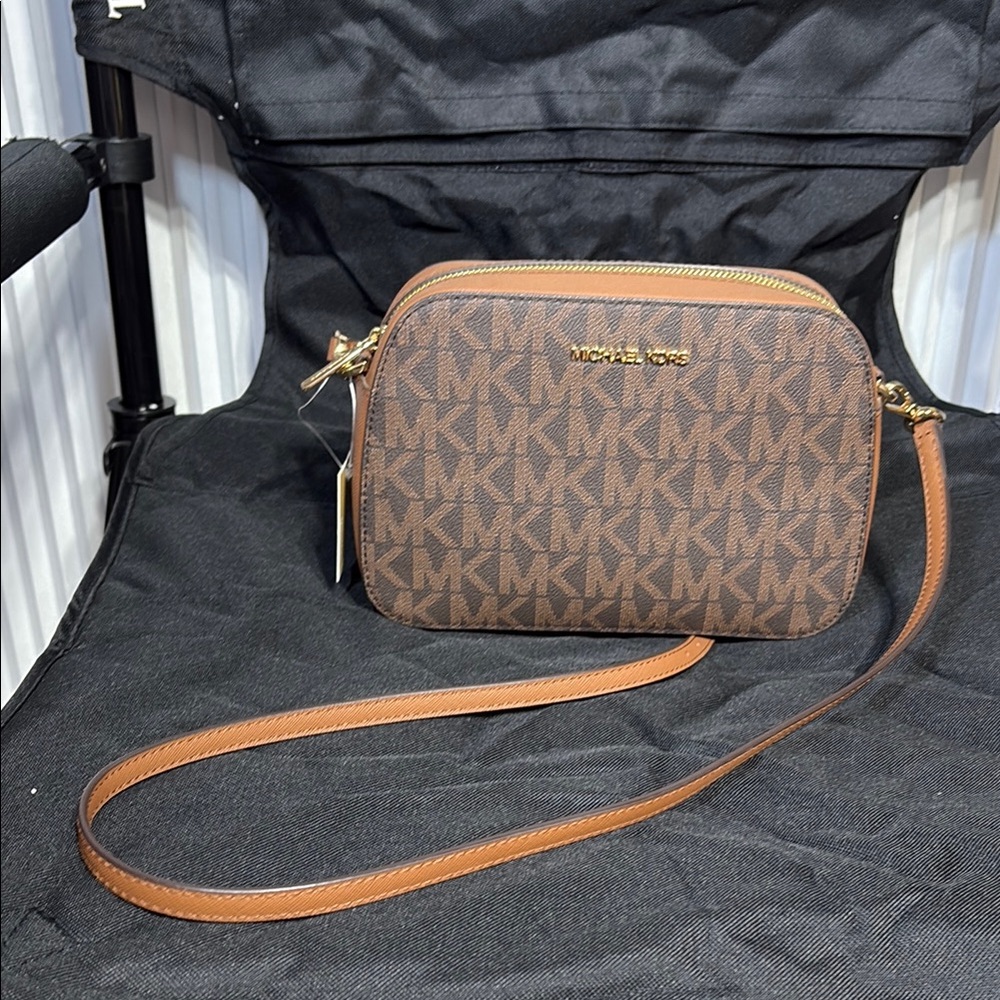 Michael Kors Brown Monogram Crossbody Bag with Leather Trim